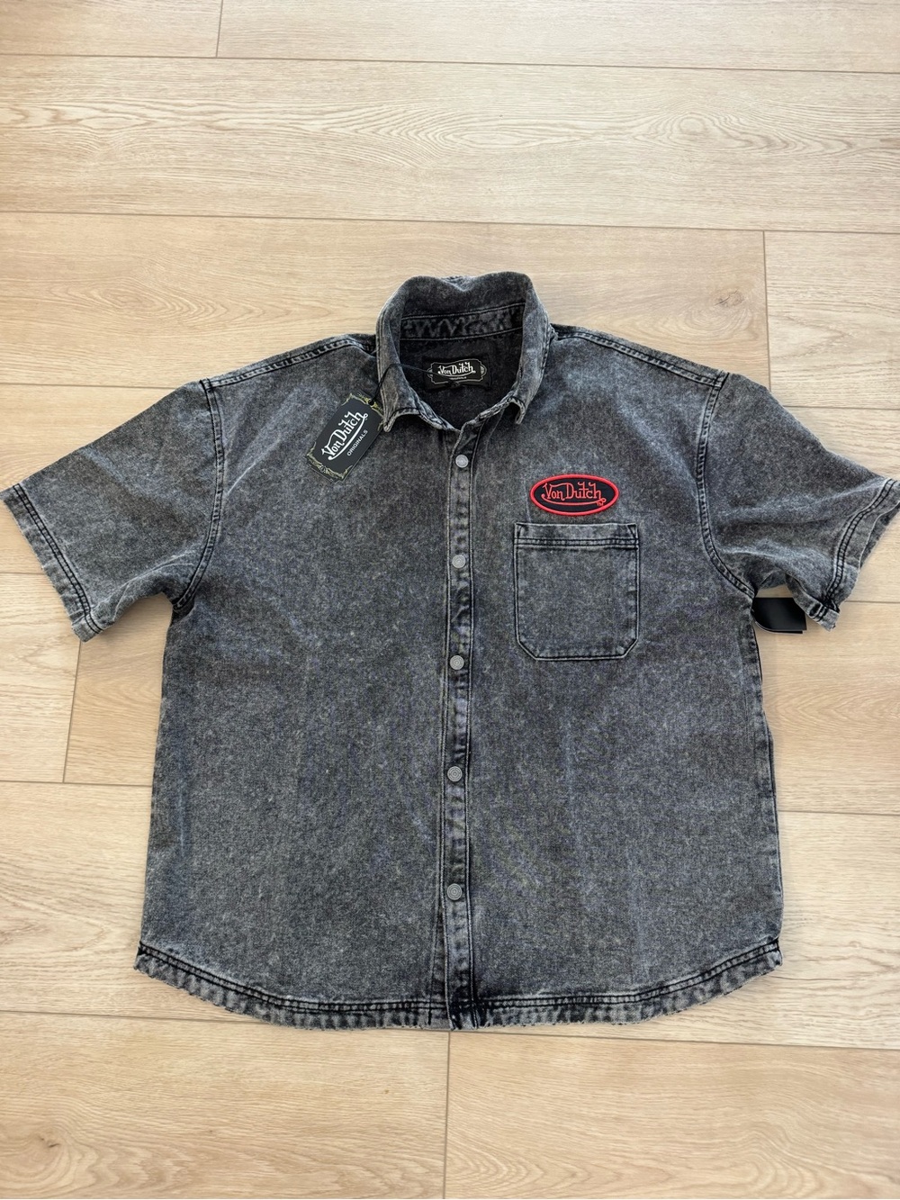 Von Dutch Men’s Short Sleeve Washed Black denim Button-Up Shirt